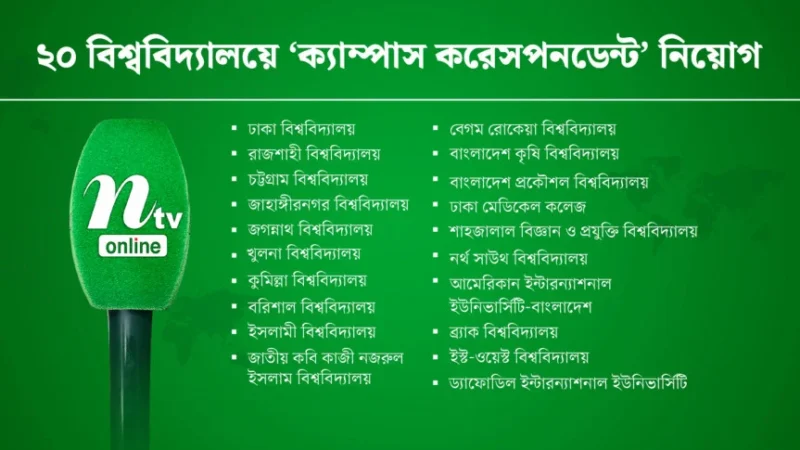 ২০ বিশ্ববিদ‍্যালয়ে ‘অনলাইন করেসপনডেন্ট’ নিয়োগ দেবে এনটিভি